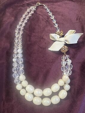 Crystal & Cream Beaded Layered Necklace with Bow Accent